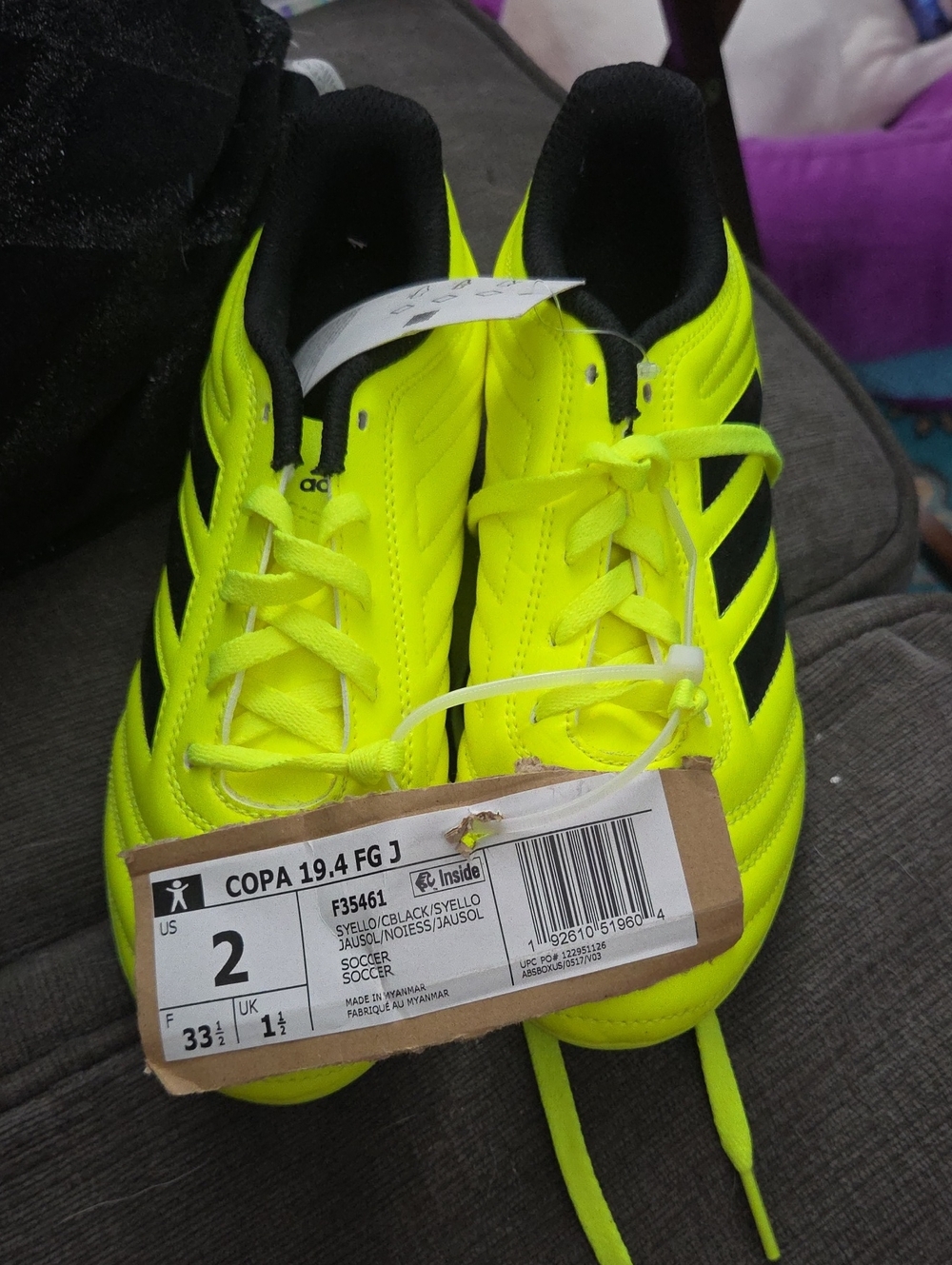 adidas Kids Copa 19.4 FG Jr Soccer Cleats - Neon Yellow/Black Size 2